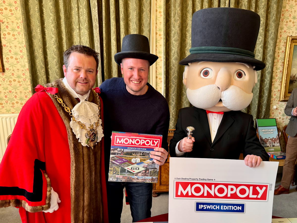 Ipswich.co.uk founder with Ipswich Mayor Stefan Long and Mr Monopoly